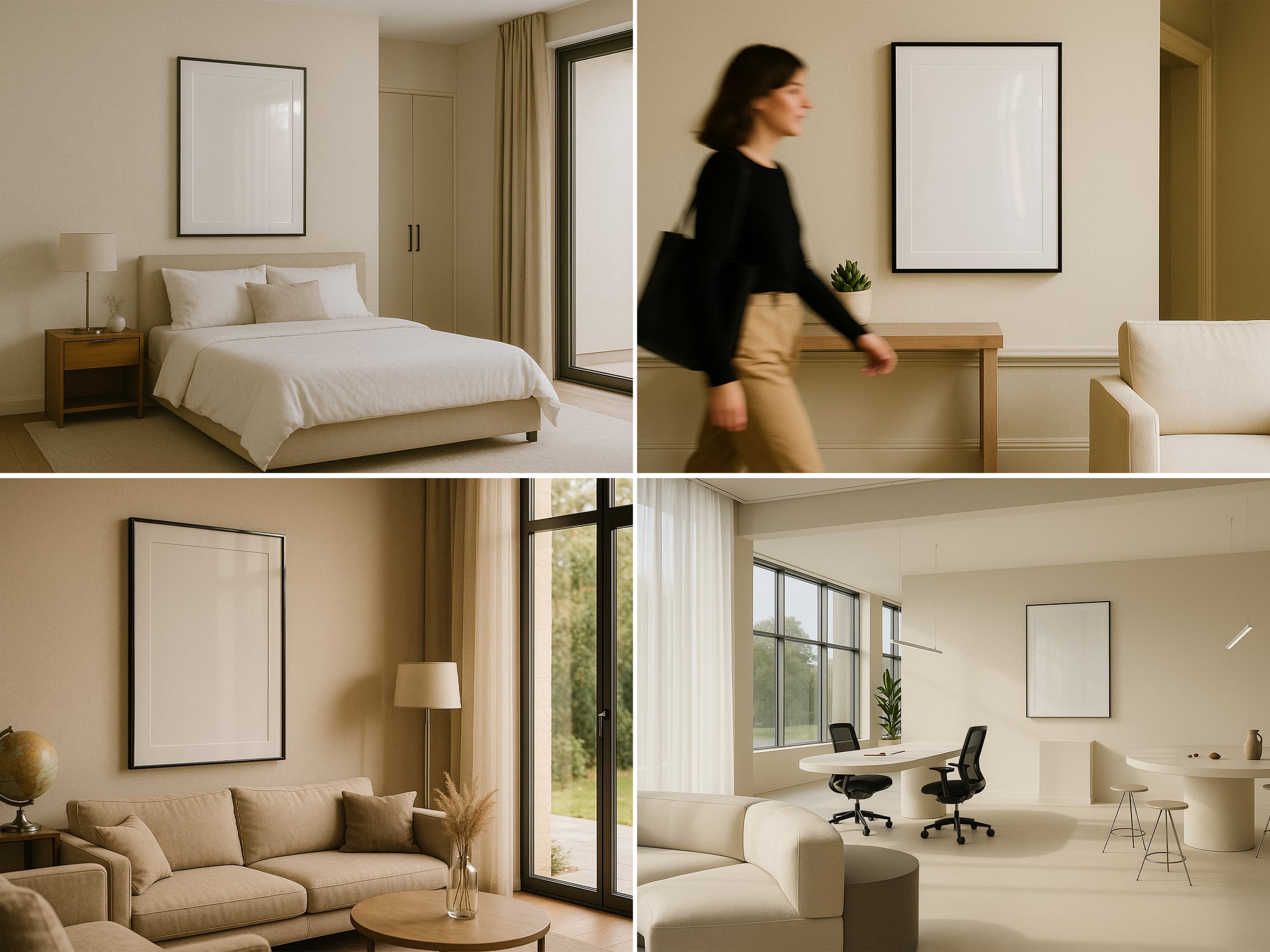 Collage of a frame mockups in modern living room with neutral tones, including a bed, sofa, and office setup.
