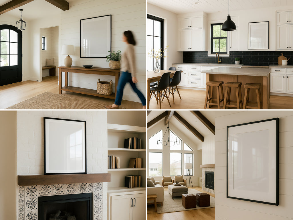 Collage of a modern home interior with living room, kitchen, and fireplace.