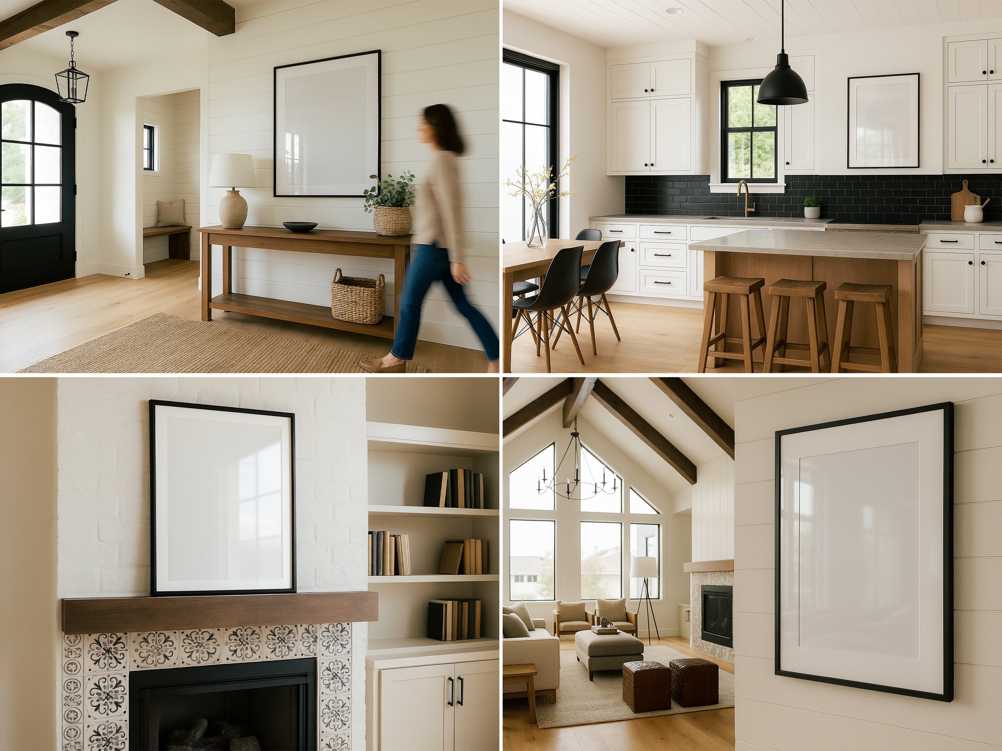 Collage of a modern home interior with living room, kitchen, and fireplace.