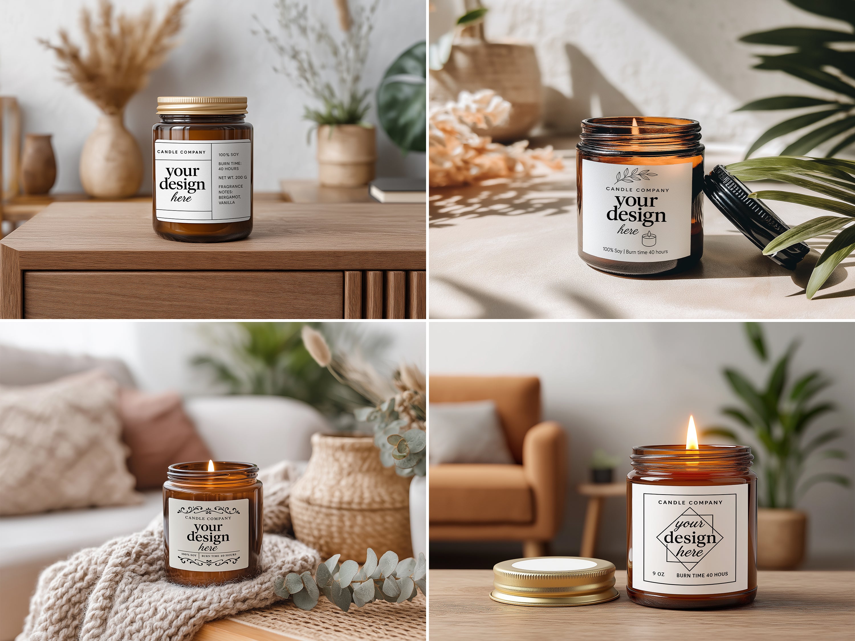 Amber jar candle mockup bundle – 10 PSD templates for candle branding, label design and Etsy product listings. Cozy lifestyle scenes, instant download