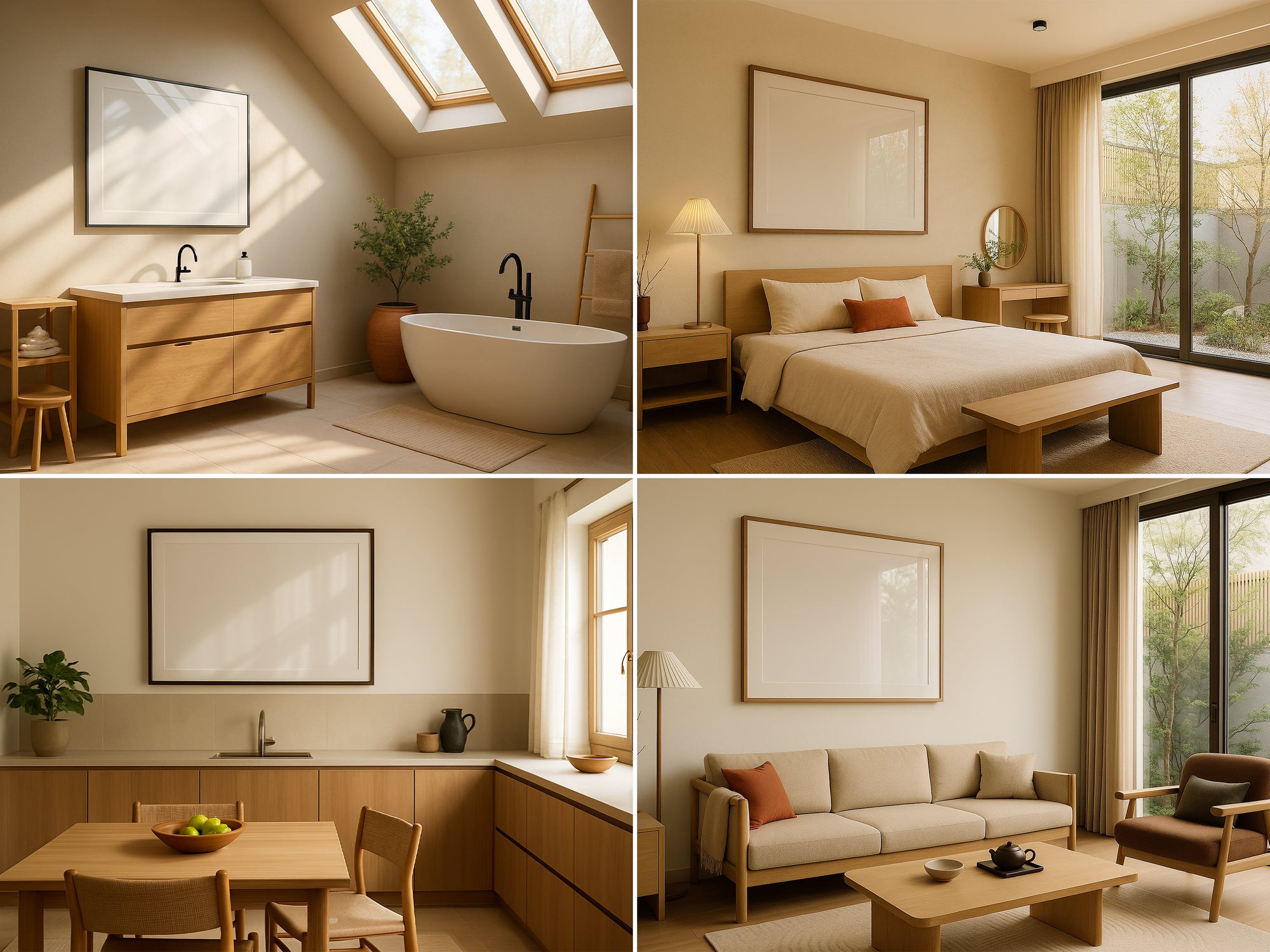 Collage of frame mockup scenes of a modern bathroom, bedroom, kitchen, and living room with neutral tones.