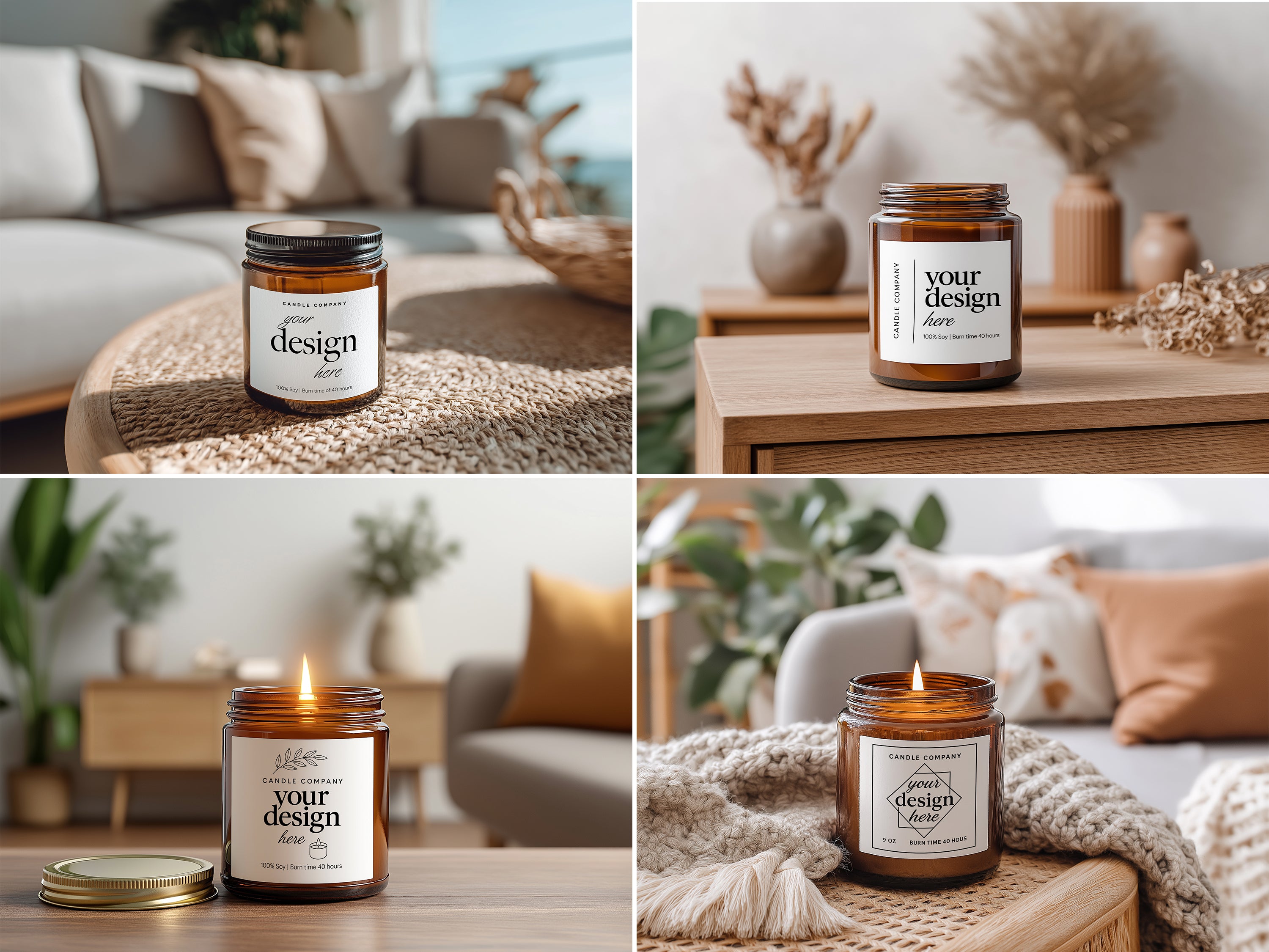 Amber jar candle mockup bundle – 10 PSD templates for candle branding, label design and Etsy product listings. Cozy lifestyle scenes, instant download