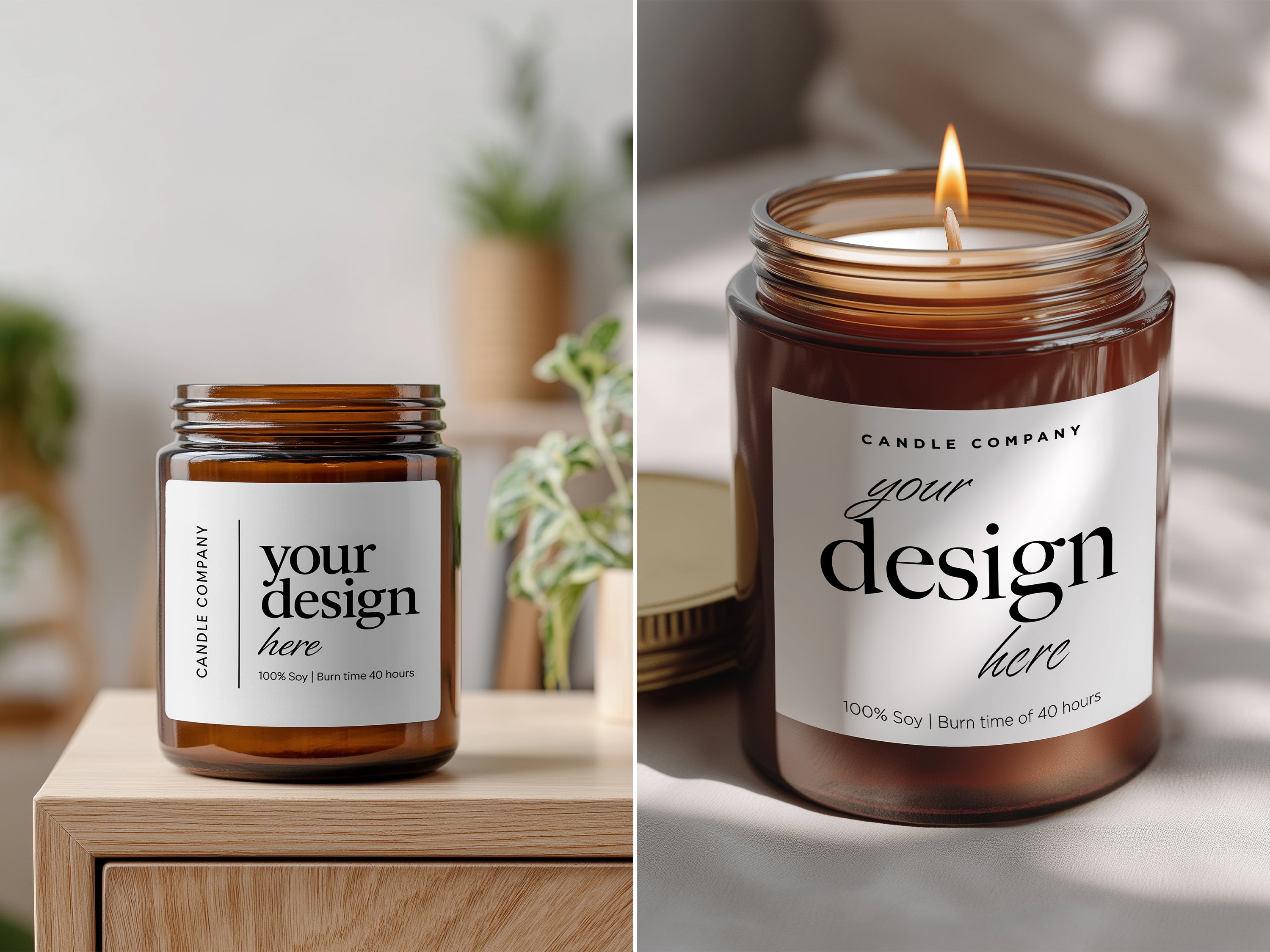 Amber jar candle mockup bundle – 10 PSD templates for candle branding, label design and Etsy product listings. Cozy lifestyle scenes, instant download