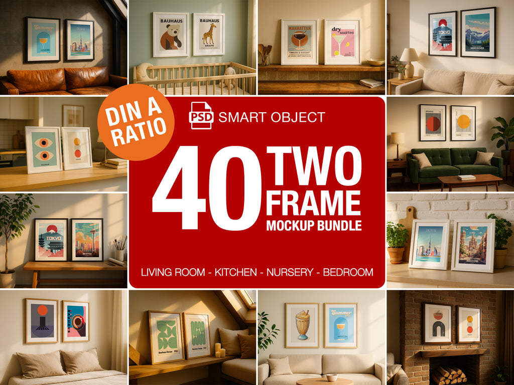 Collage of double frame mockups in various rooms with a prominent '40 Two Frame Mockup Bundle' label.