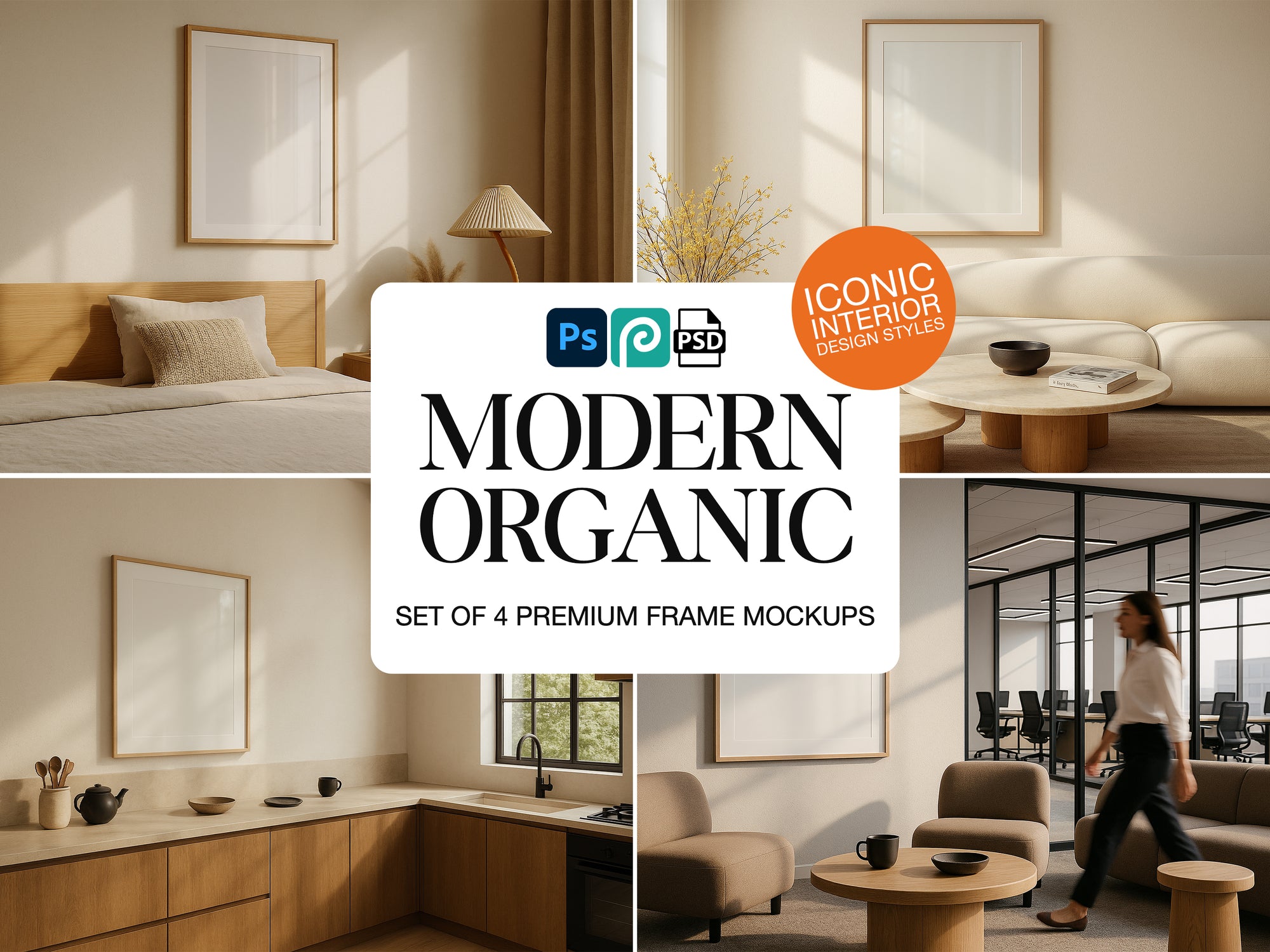 Collage frame mockups in interior design scenes with a focus on modern organic style, featuring frames and decor elements.