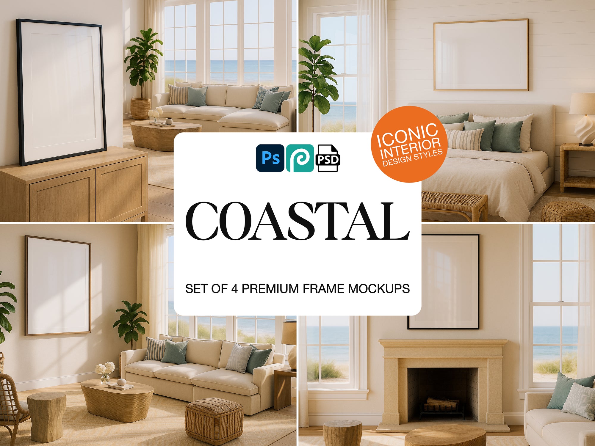 Set of 4 coastal interior design frame mockups with 'Iconic Interior Design Styles' branding.