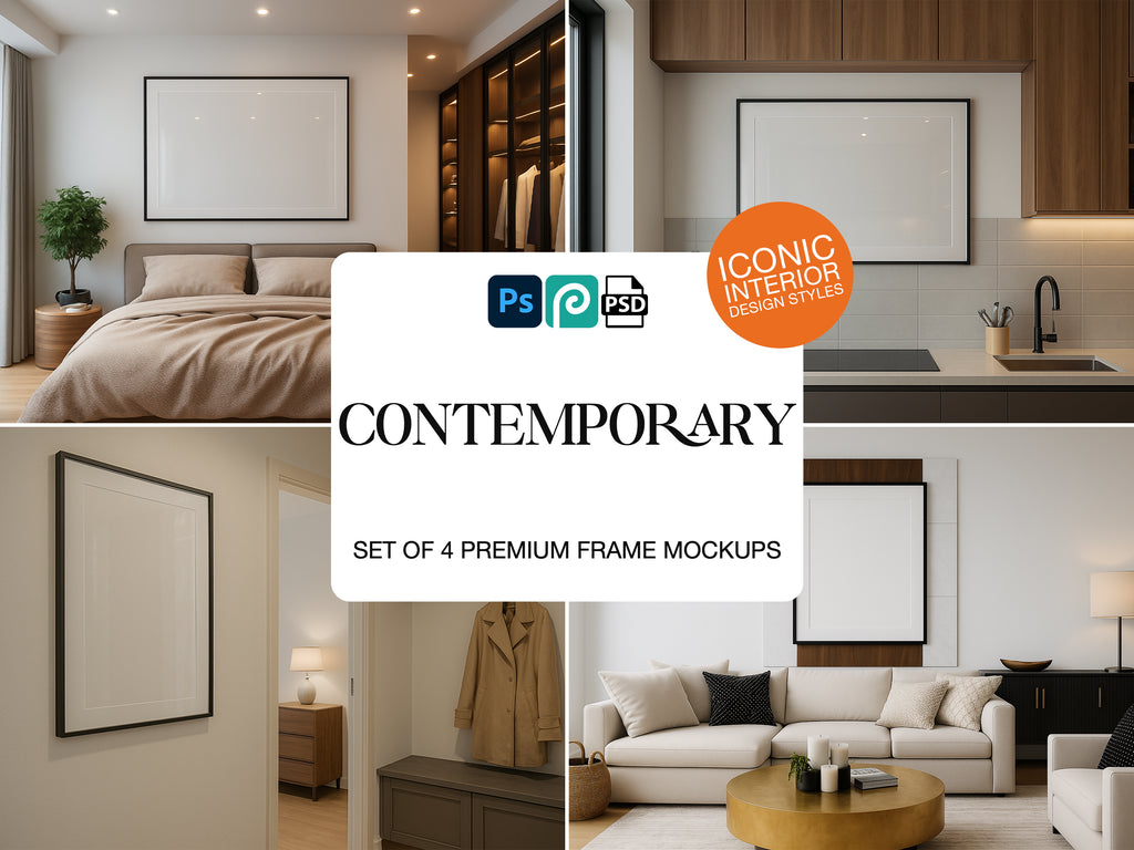Collage of frame mockups of interior design scenes with a 'Contemporary' frame mockup label.