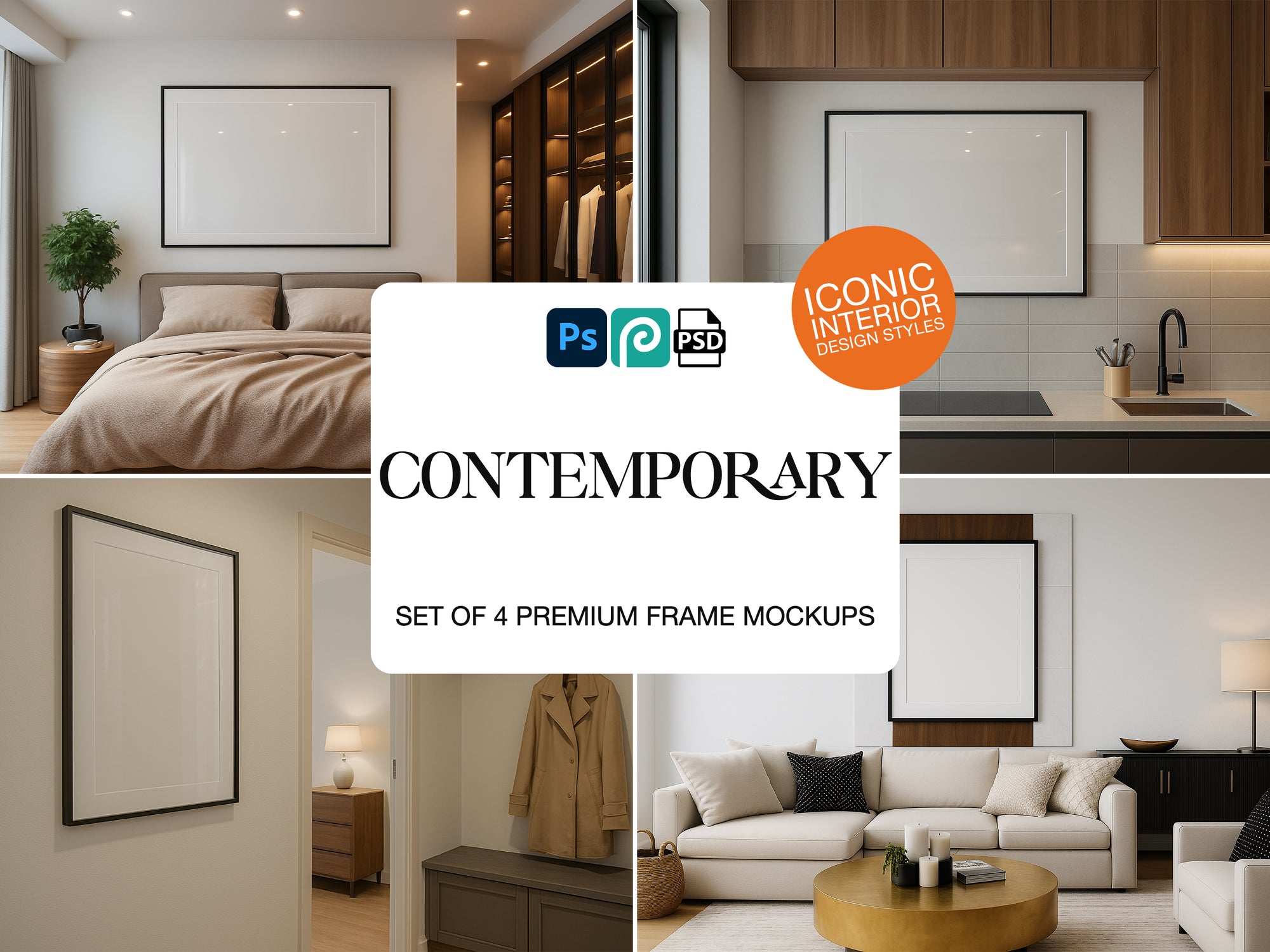 Collage of frame mockups of interior design scenes with a 'Contemporary' frame mockup label.