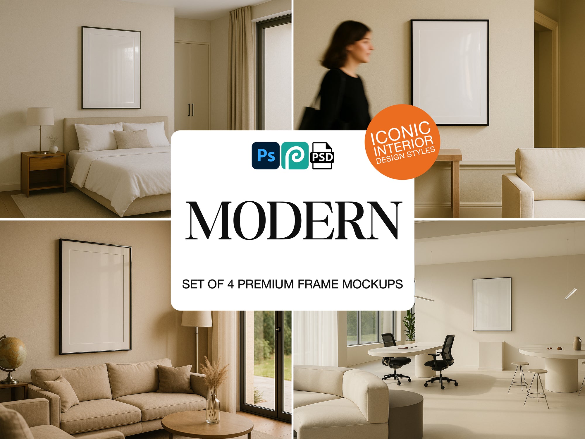 Collage of interior frame mockup design scenes with a 'Modern' frame mockup label.