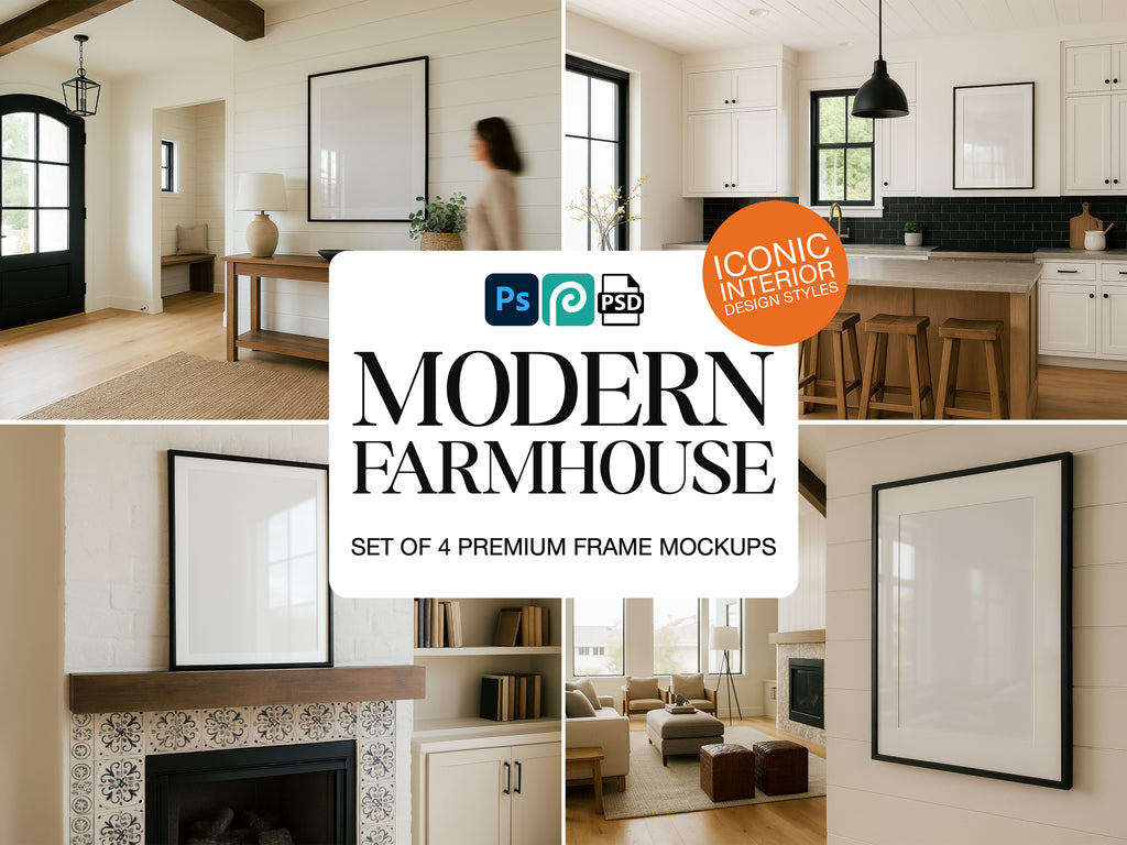 Collage of modern farmhouse interior design with a frame mockup overlay.