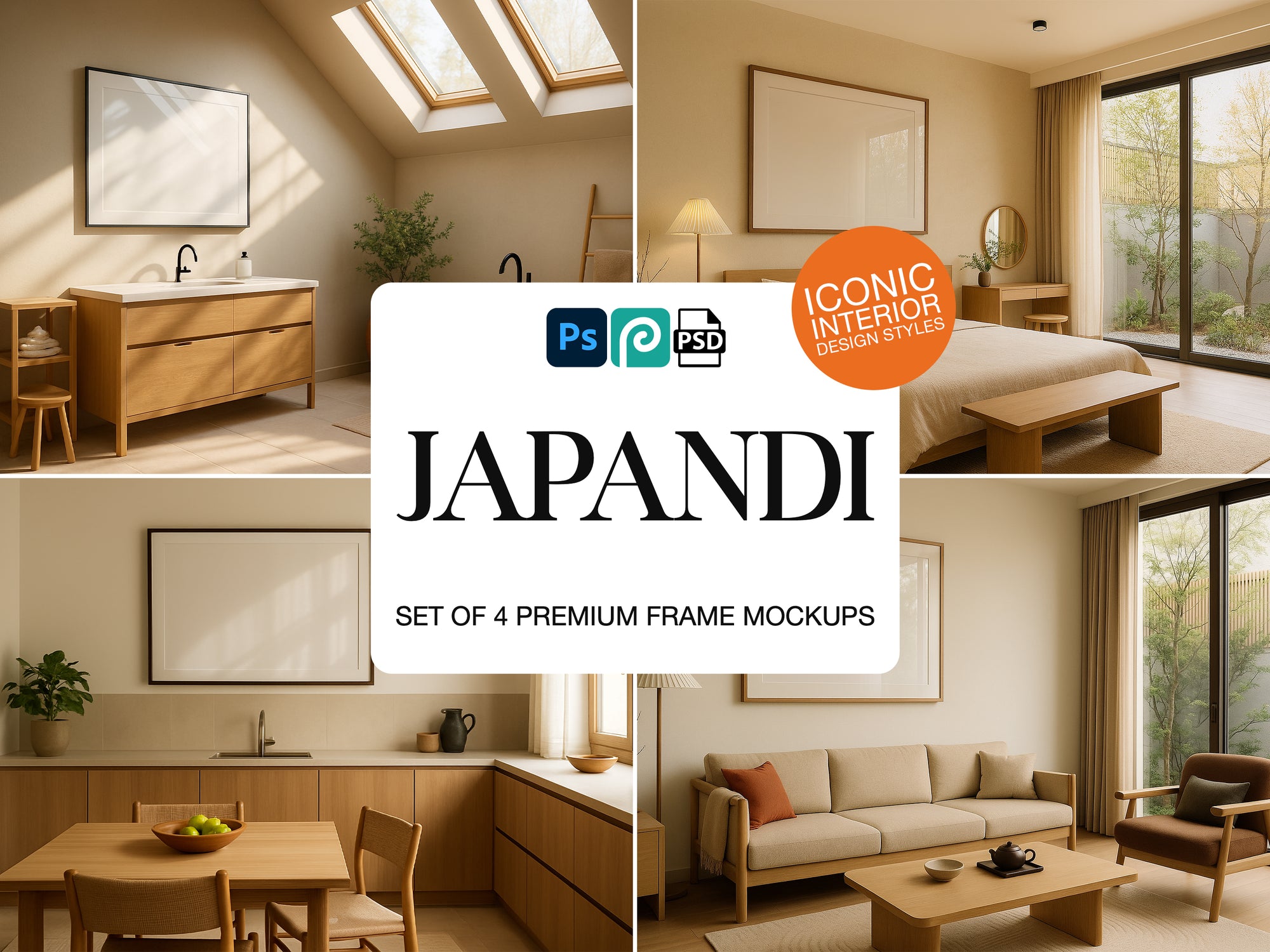 Collage of frame mockups in interior design scenes with Japandi style frames, featuring a bedroom, living room, and kitchen.