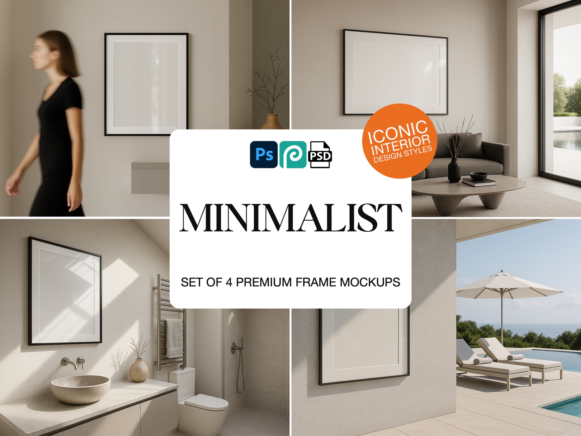Collage of interior design scenes with frame mockups, featuring a woman, living room, bathroom, and outdoor setting.